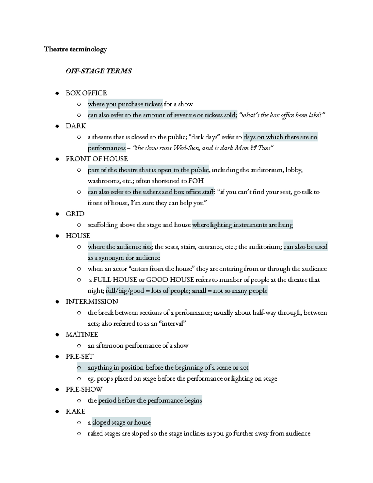 Theatre Terminology Glossary: Key Terms and Concepts - Studocu