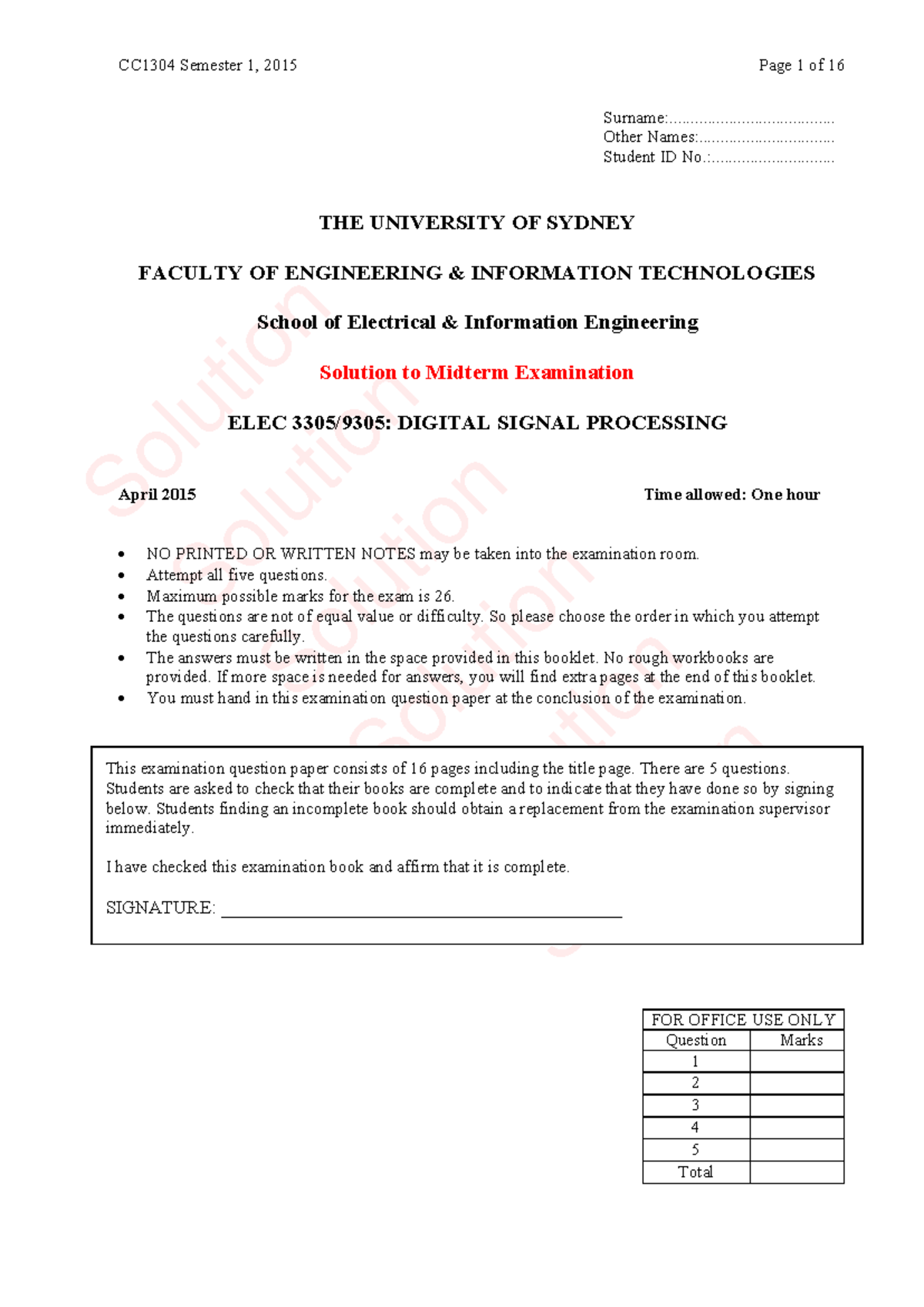 Midterm Solutions 2016 - ELEC3305 Digital Signal Processing - Studocu