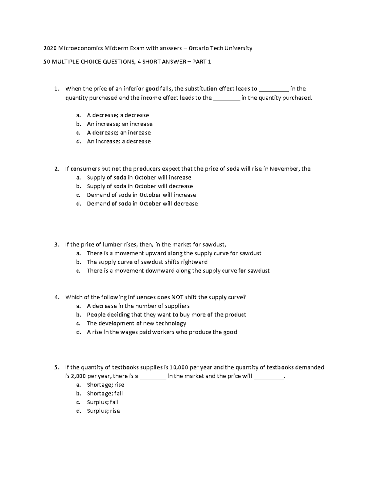 Microeconomics Midterm Exam (2020) - Q&A Overview - Studocu