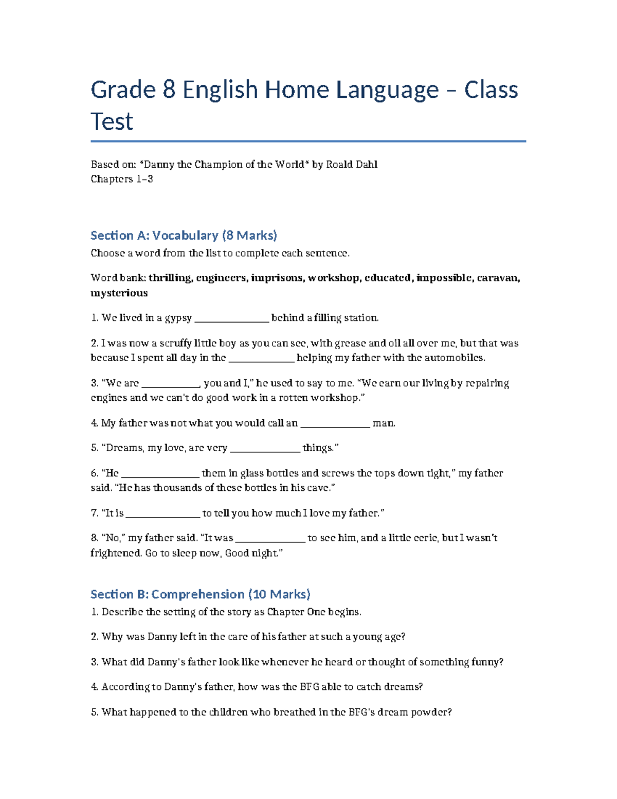 Grade 8 English Home Language Test: Danny Chapters 1-3 - Studocu