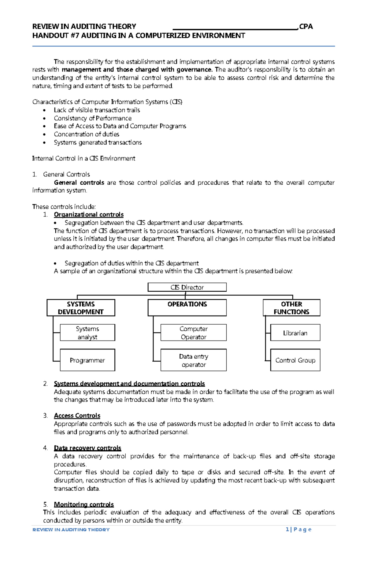 Handout #7: Auditing in a Computerized Environment Review - Studocu