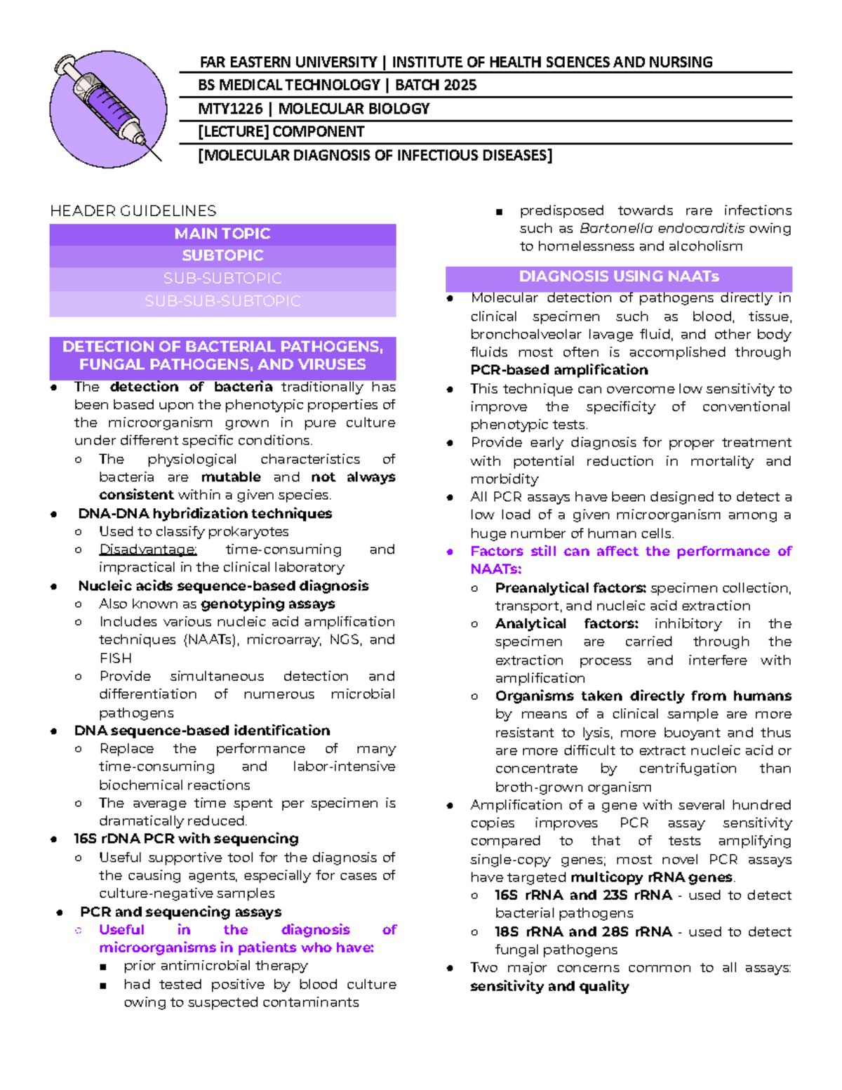 Mol Bio Chapter 15 - Diagnosis of Infectious Diseases - FAR EASTERN ...