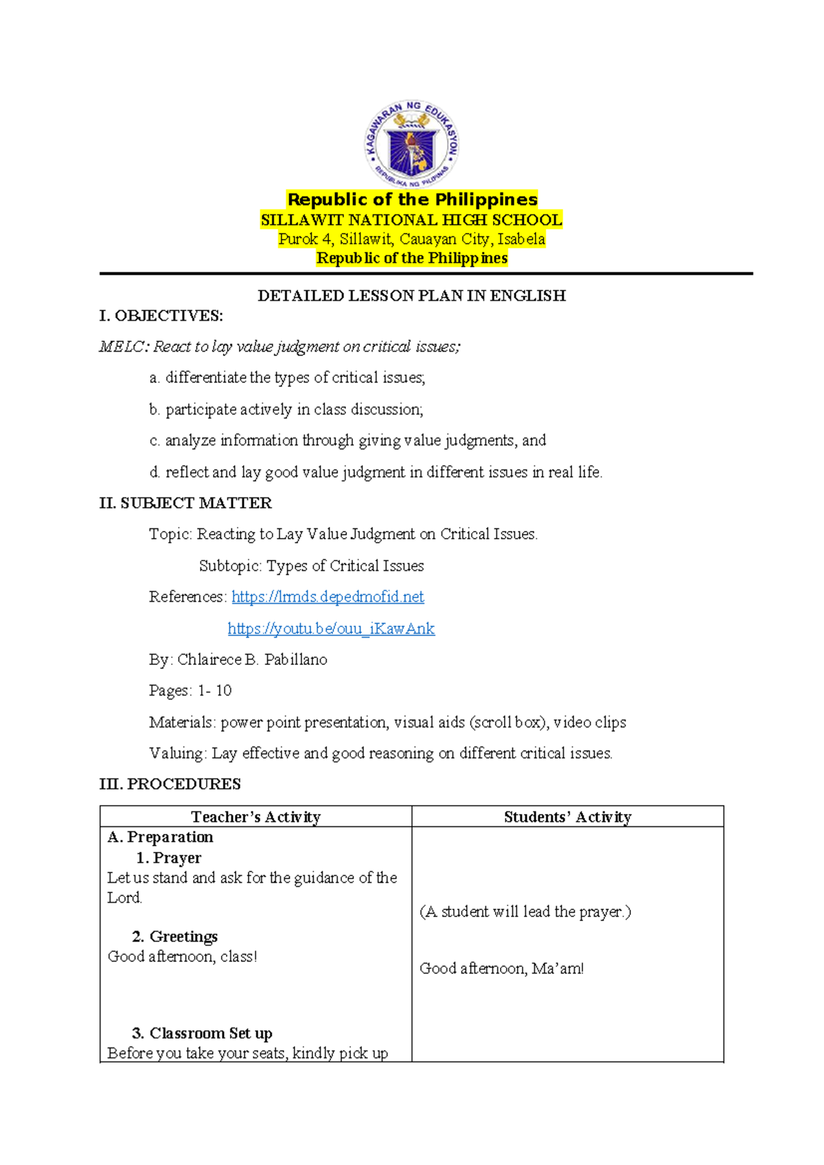 Detailed Lesson Plan in English: Reacting to Critical Issues (ENG101 ...