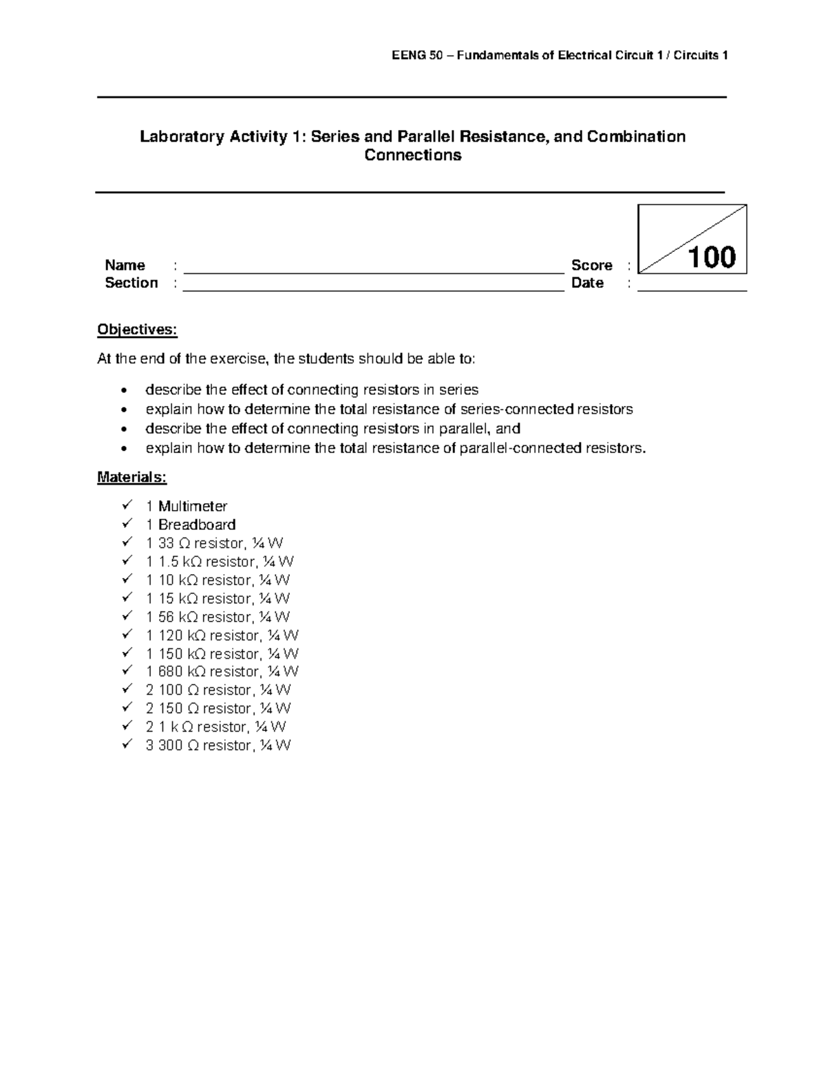EENG50-Lab Activity 1: Series & Parallel Resistance Analysis - Studocu