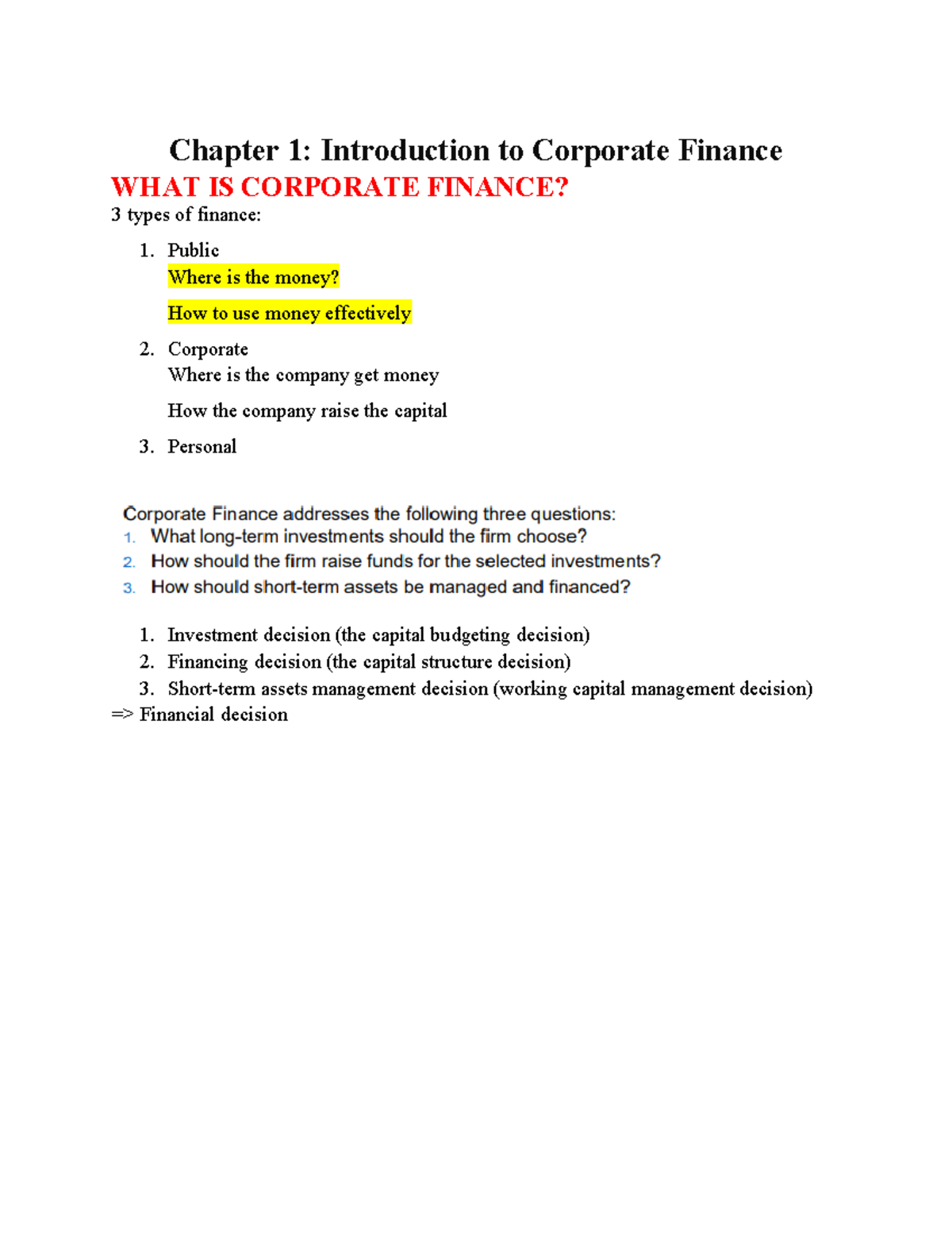 Corporate Finance (FIN 301) - Chapter 1 & 2 Overview and Notes - Studocu