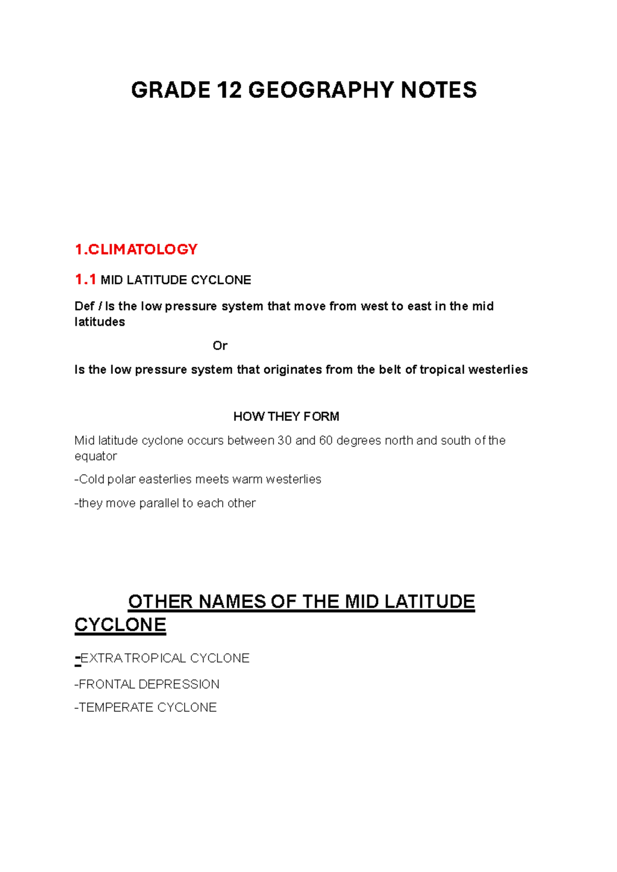GR 12 Geography Notes: Climatology & Mid Latitude Cyclones - Studocu