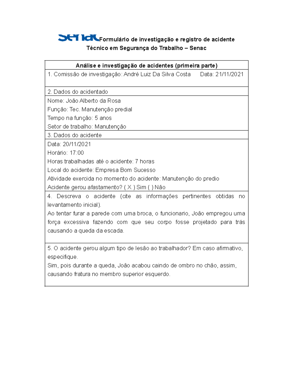 Modelo de Investigação de Acidente - UC5 - Segurança do Trabalho - Studocu