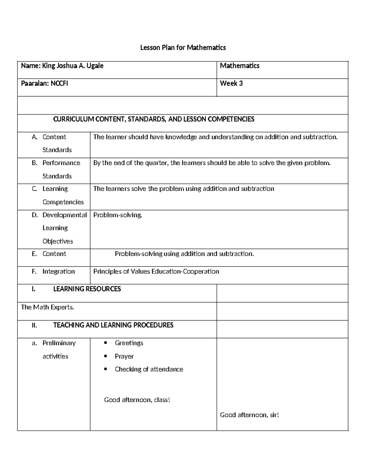 Math LP - Lesson Plan - Lesson Plan for Mathematics Name: King Joshua A ...
