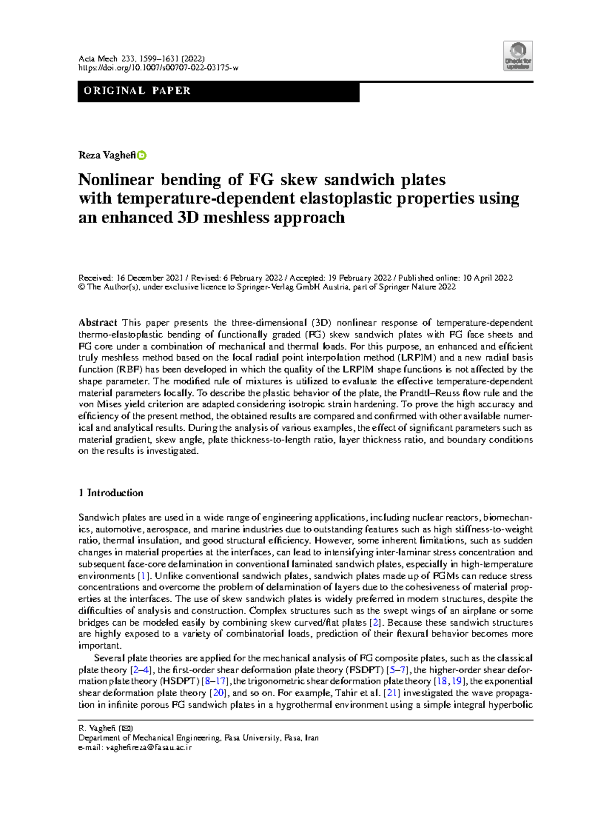 Nonlinear Bending of FG Skew Sandwich Plates: A 3D Meshless Approach ...