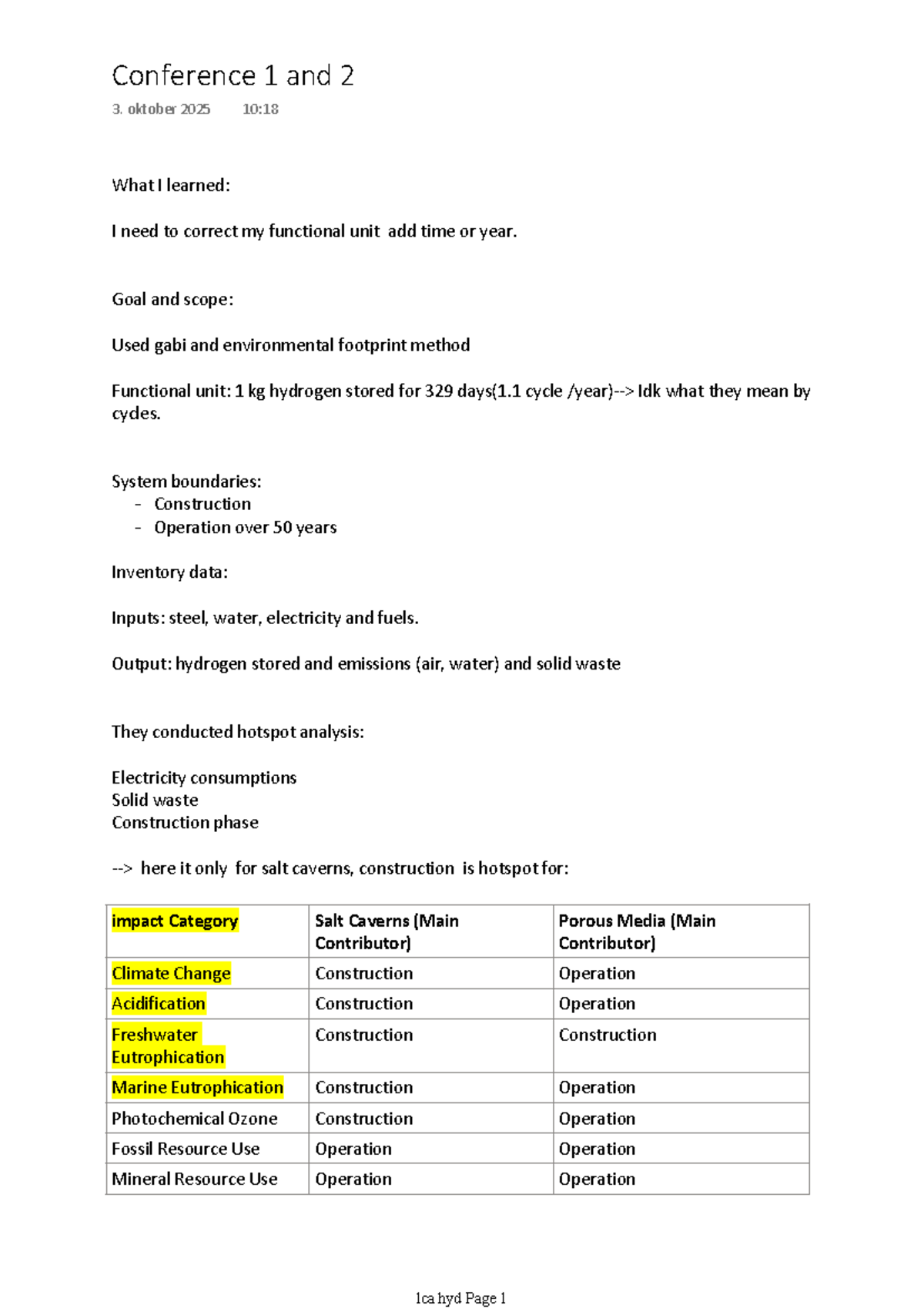 Conference 1 and 2 - Notes on LCA Findings and Improvements - Studocu