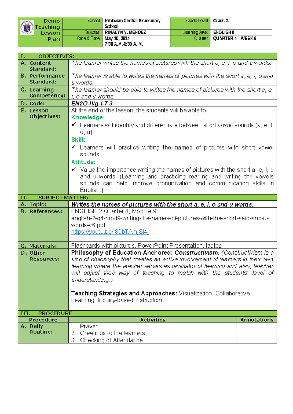 DLP Grade 2 - English Lesson Plan on Short Vowel Sounds - Studocu