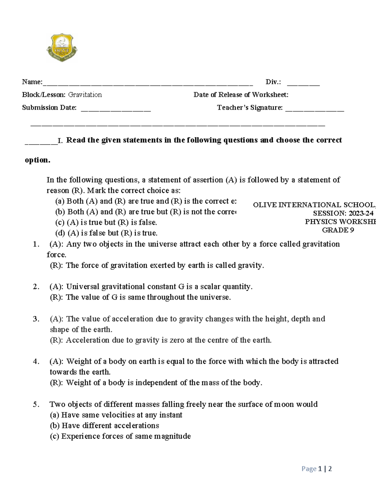 Worksheet - GR 9 - Gravitation Questions and Answers - Studocu