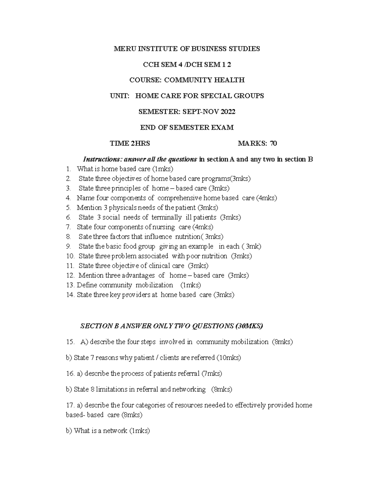 CCH SEM 4/DCH SEM 1 2: Home Care for Special Groups - Exam Notes - Studocu