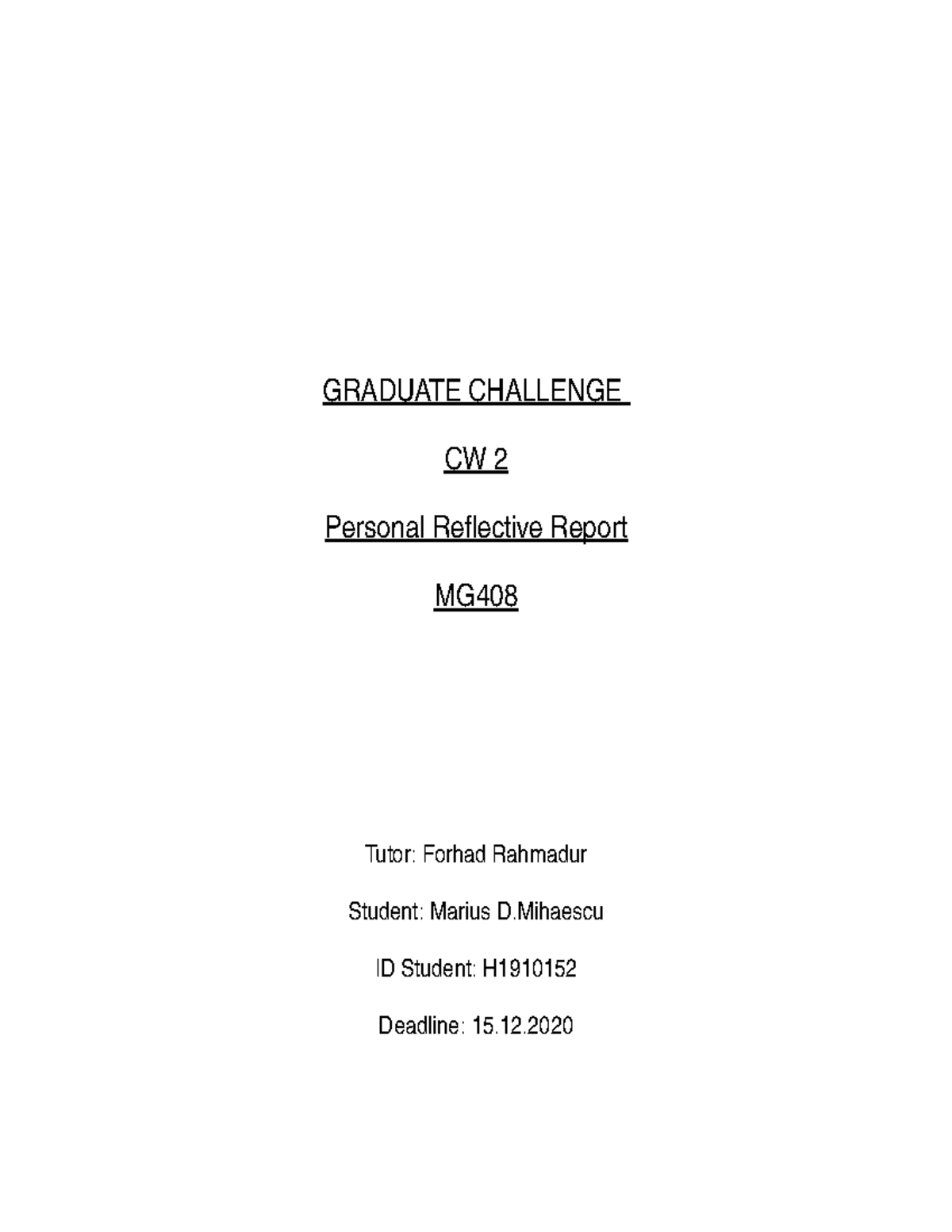 MG408 Graduate Challenge CW2 Personal Reflective Report 1500 Words ...
