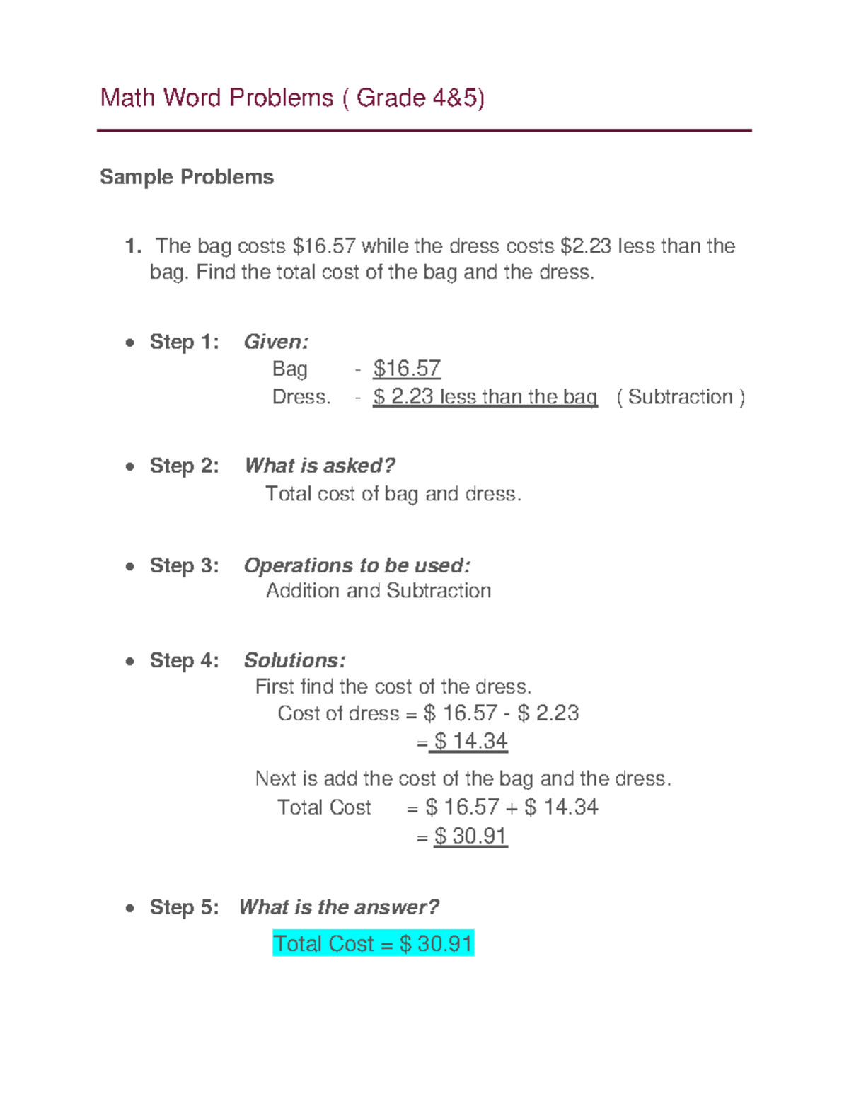 Word problem math - Math Word Problems ( Grade 4&5) Sample Problems 1 ...
