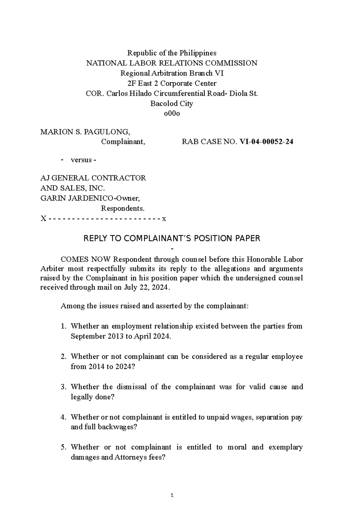 RAB CASE NO. 20: Reply to Position Paper - AJ General Contractor - Studocu