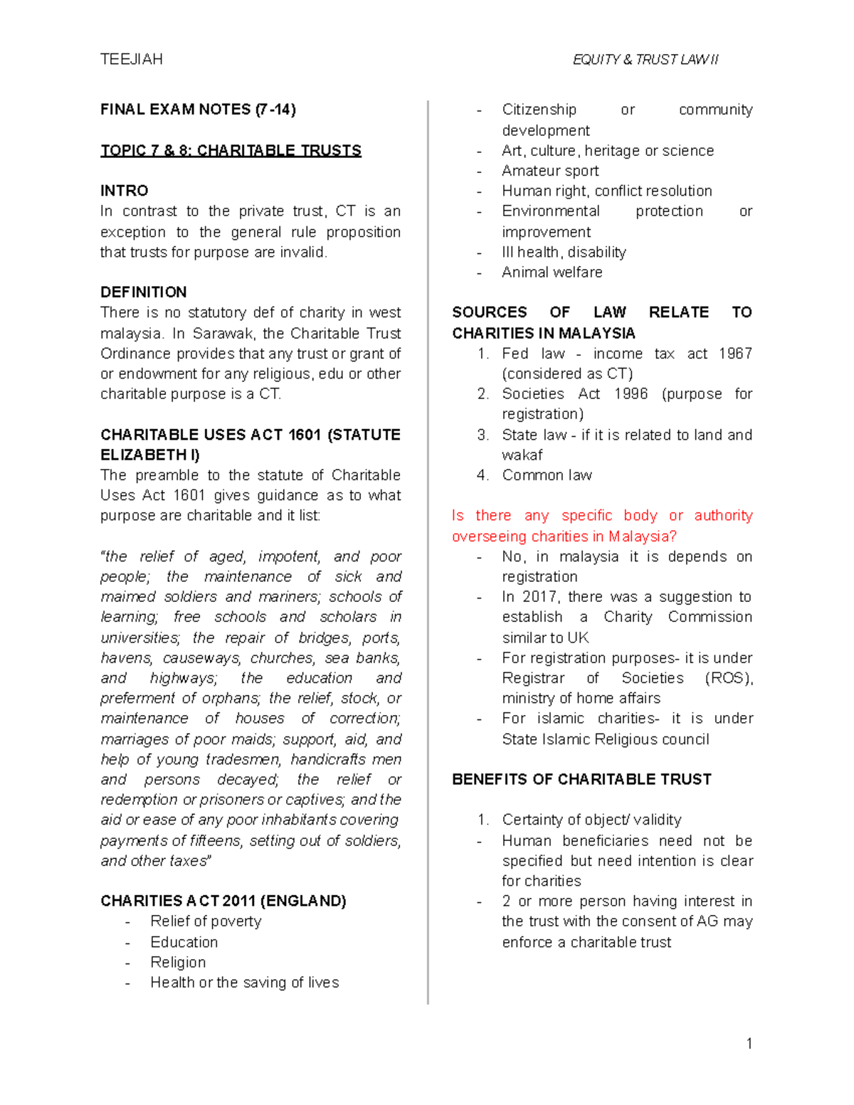 TEEJIAH EQUITY TRUST LAW II FINAL EXAM NOTES: CHARITABLE TRUSTS ...