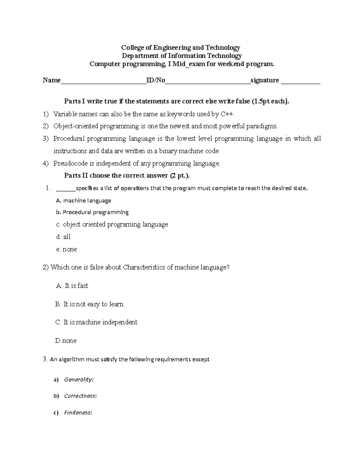 C++ Programming Midterm Exam - Test 2 Review and Questions - Studocu