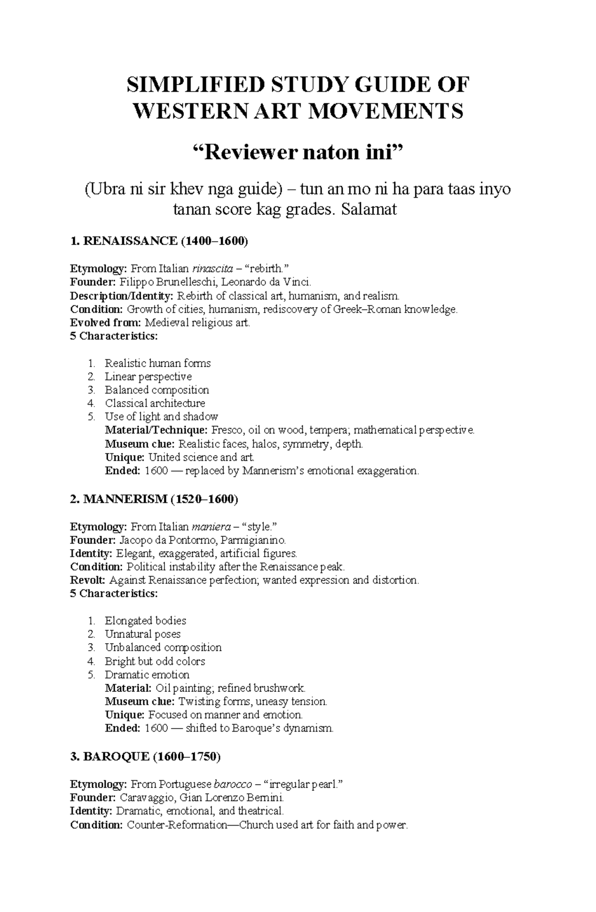Simplified Study Guide of Western Art Movements (ART 101) - Studocu