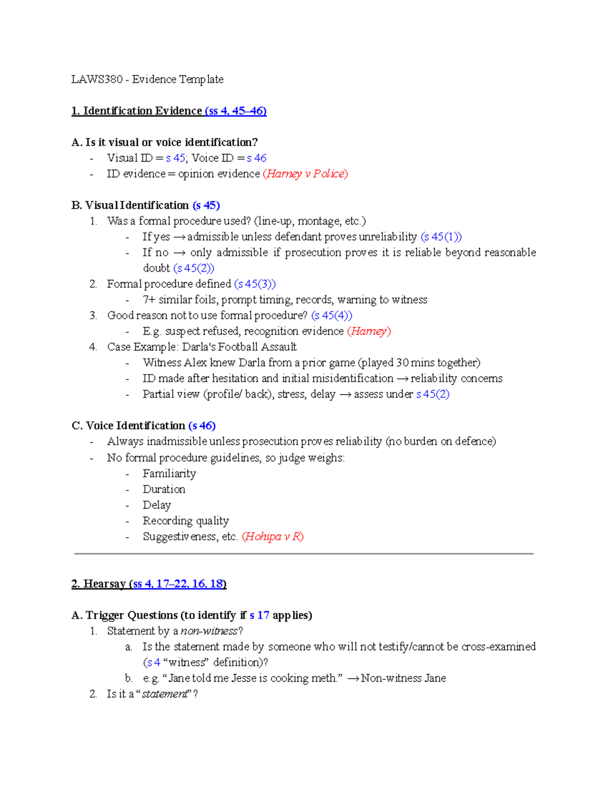LAWS380 Evidence Template: Identification, Hearsay, and Expert Evidence ...