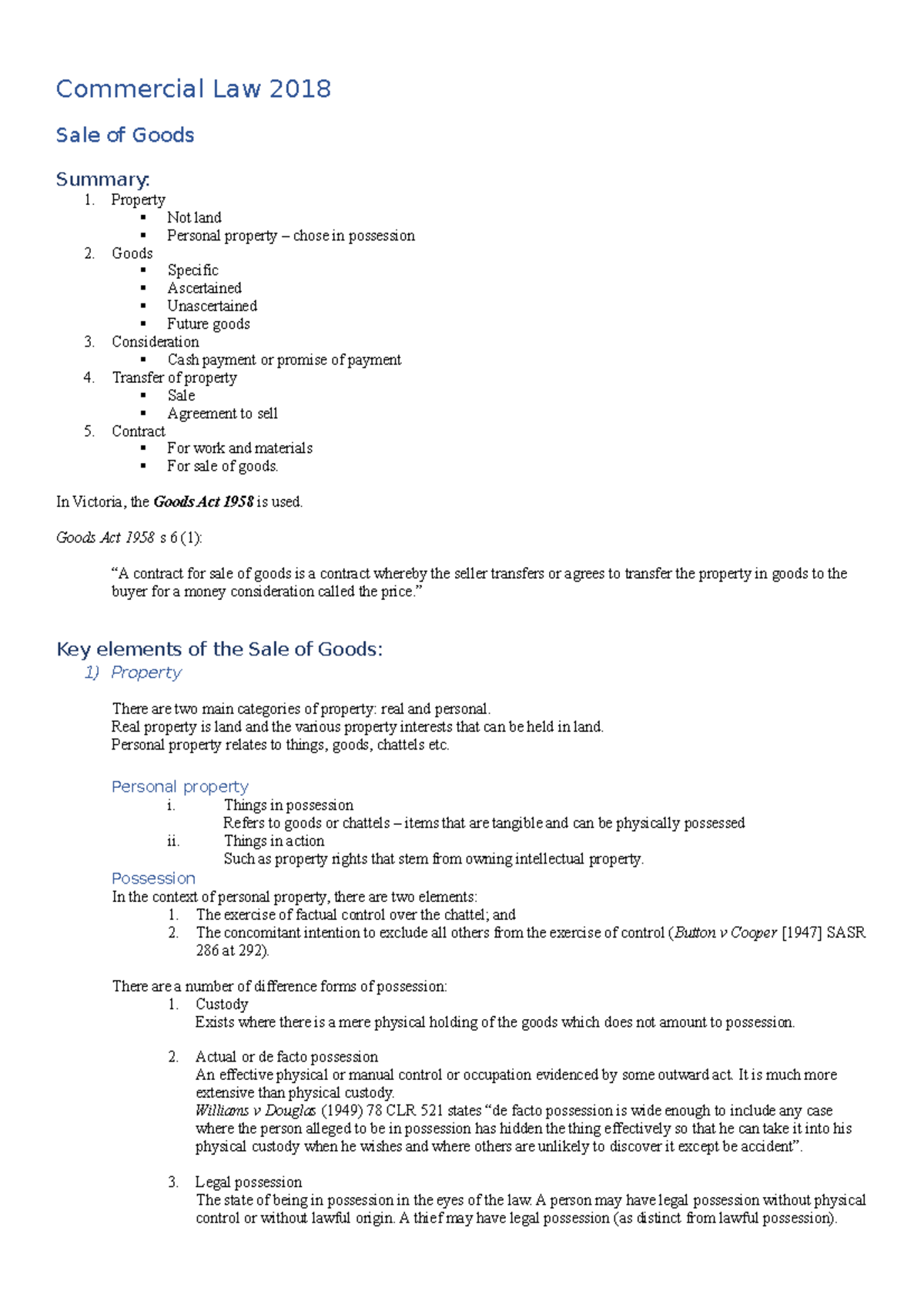 EXAM Commercial Law 2018 Notes - Commercial Law 2018 Sale of Goods ...