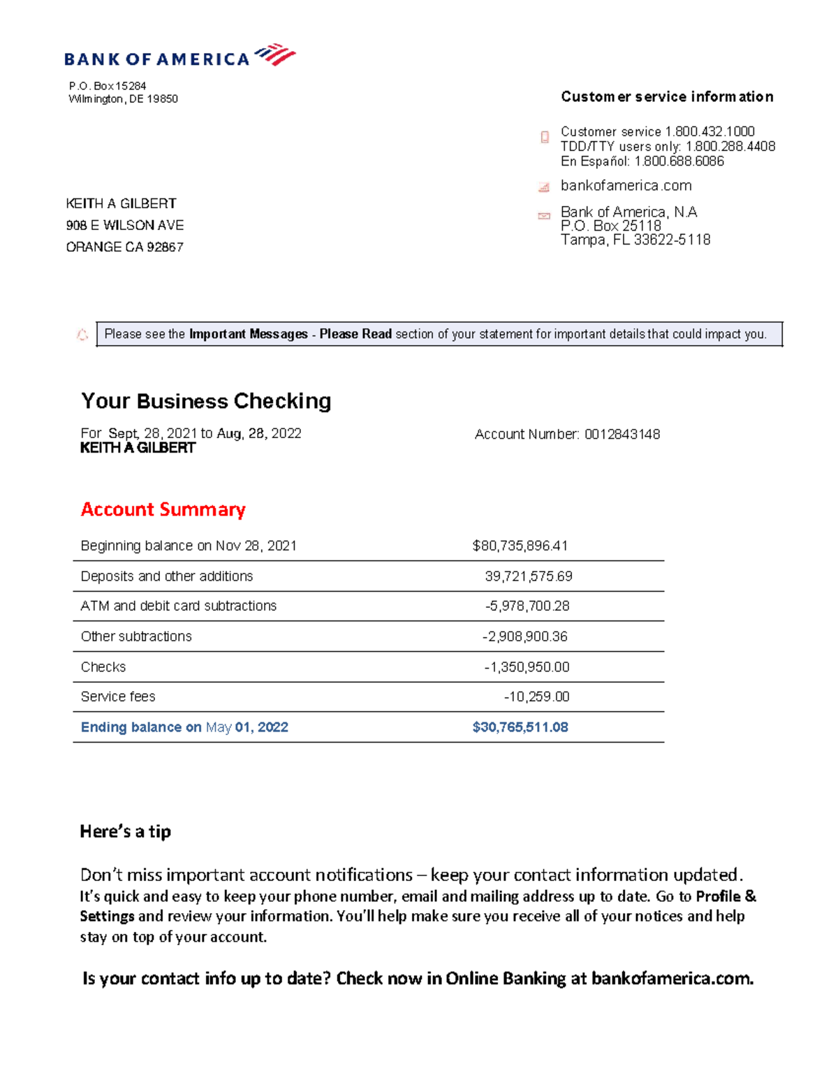 Bank of America Statement Summary - Keith A. Gilbert - Studocu