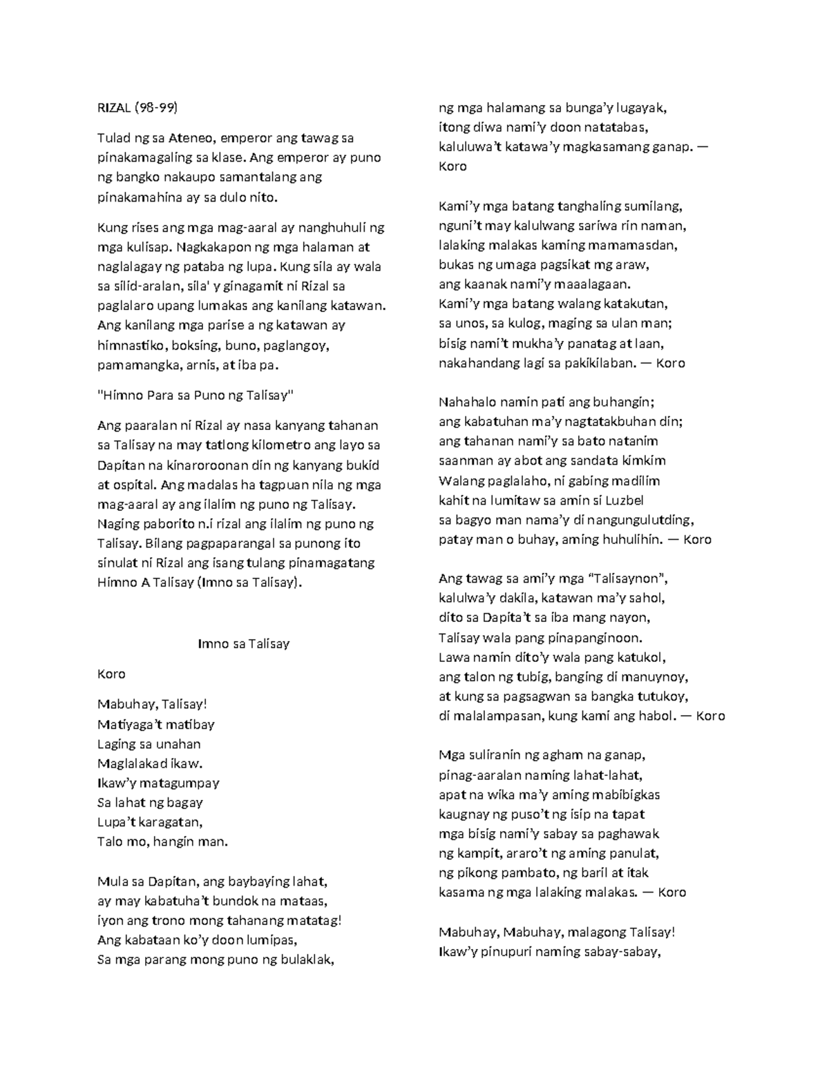 life of rizal/ history of rizal - RIZAL (98-99) Tulad ng sa Ateneo ...