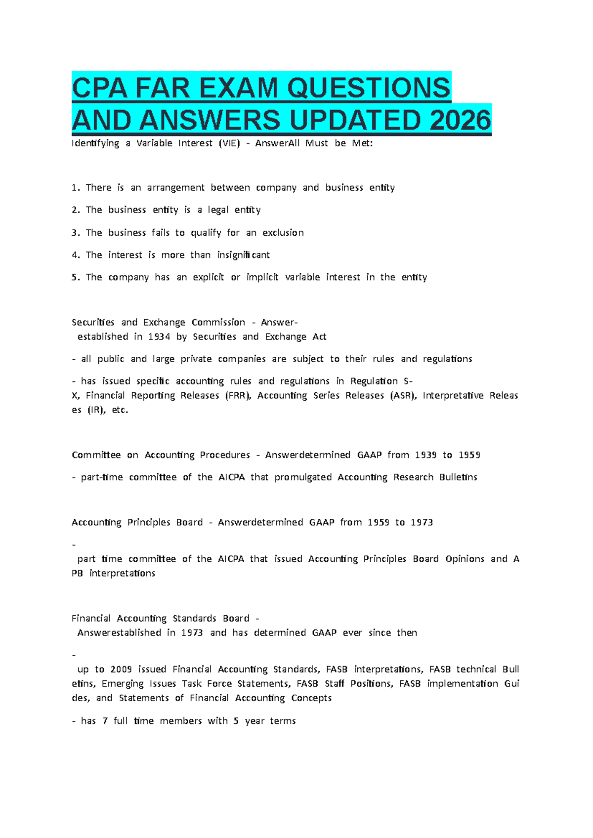 CPA FAR EXAM Q&A: Comprehensive Guide for 2026 - Studocu