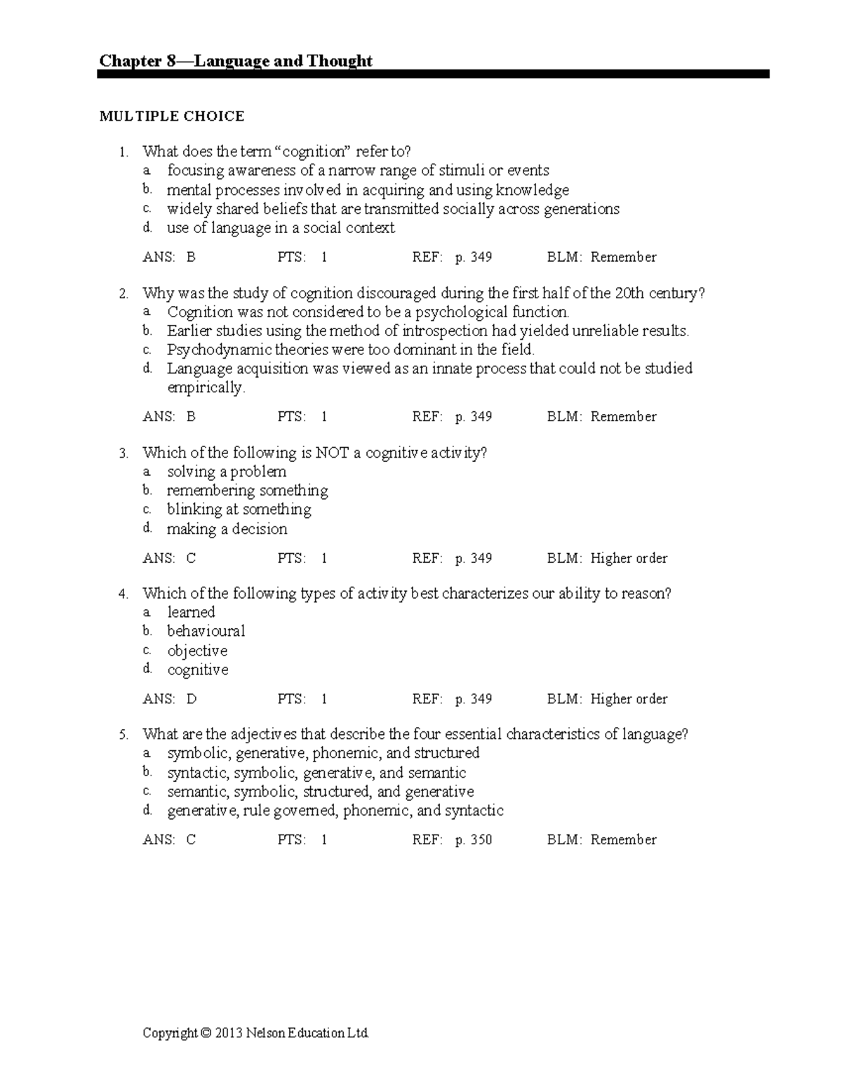 Chapter 8—Language and Thought: Test Bank Questions & Answers - Studocu