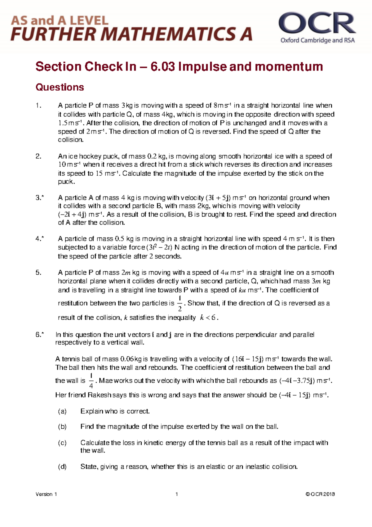 OCR Impulse and Momentum Check In Test Questions and Solutions - Studocu