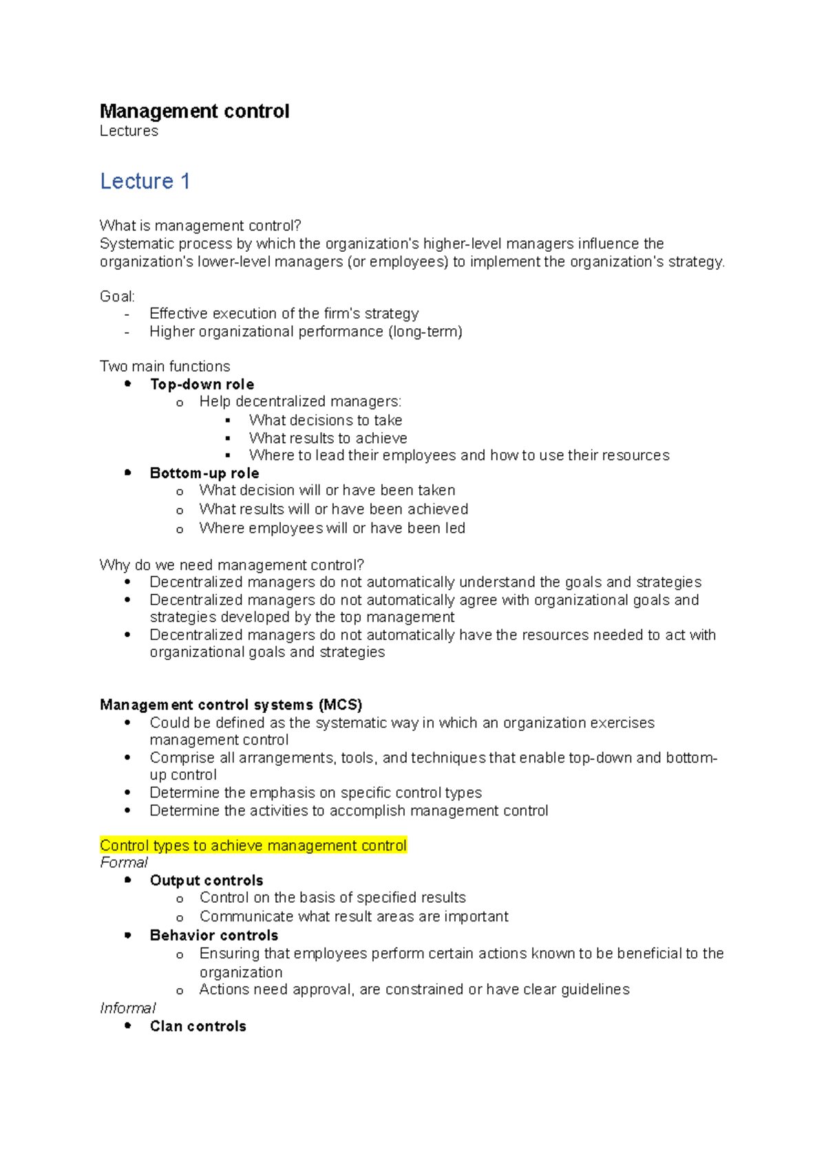 Management Control Lectures Overview - MGT 101 Final Exam Notes ...