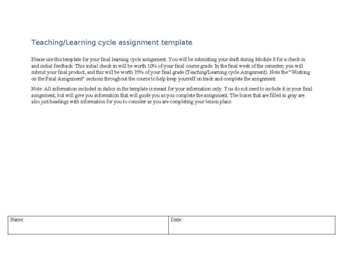 EM300 Final Learning Cycle Assignment Template - Studocu