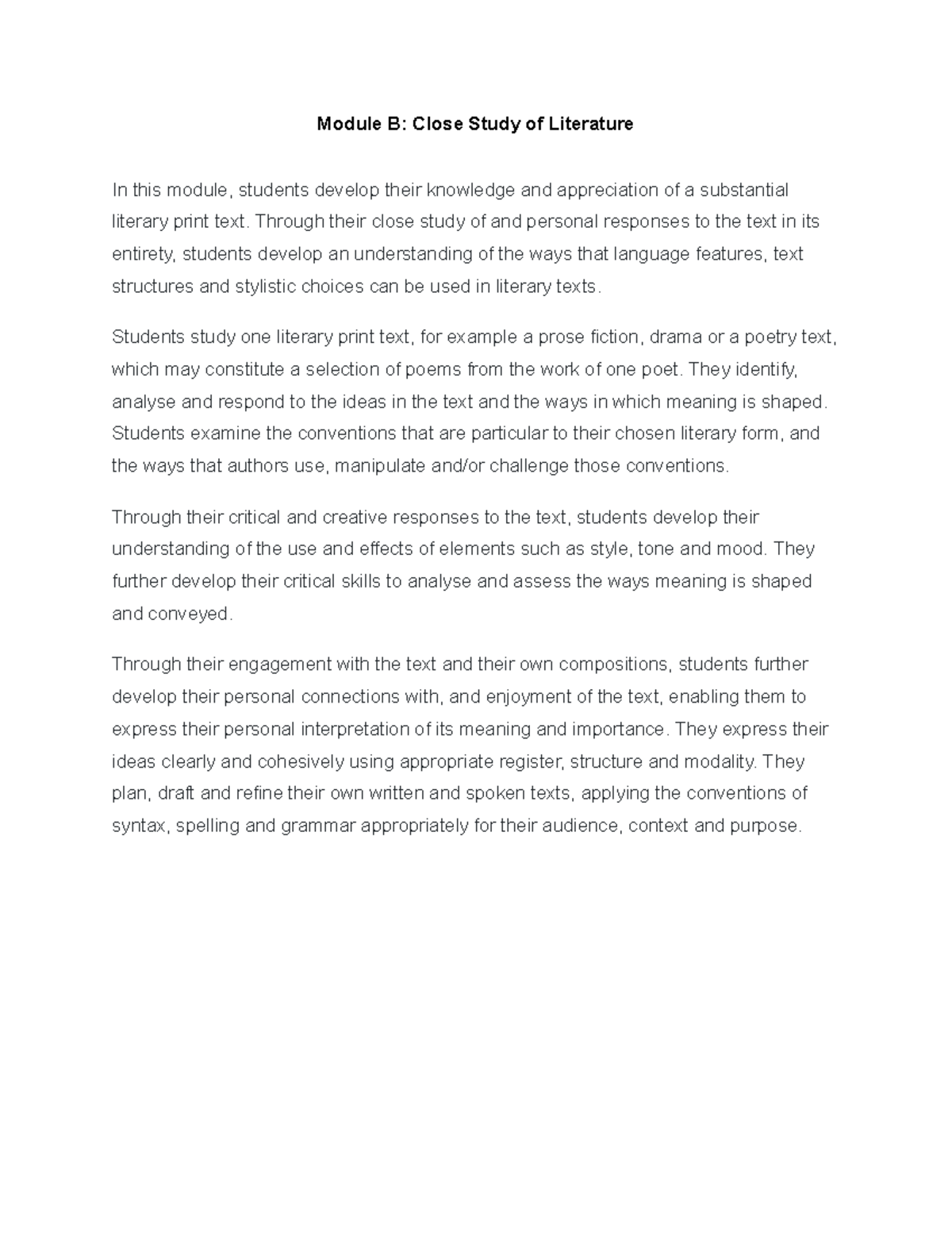 Module B: Close Study of Literature Overview and Objectives - Studocu