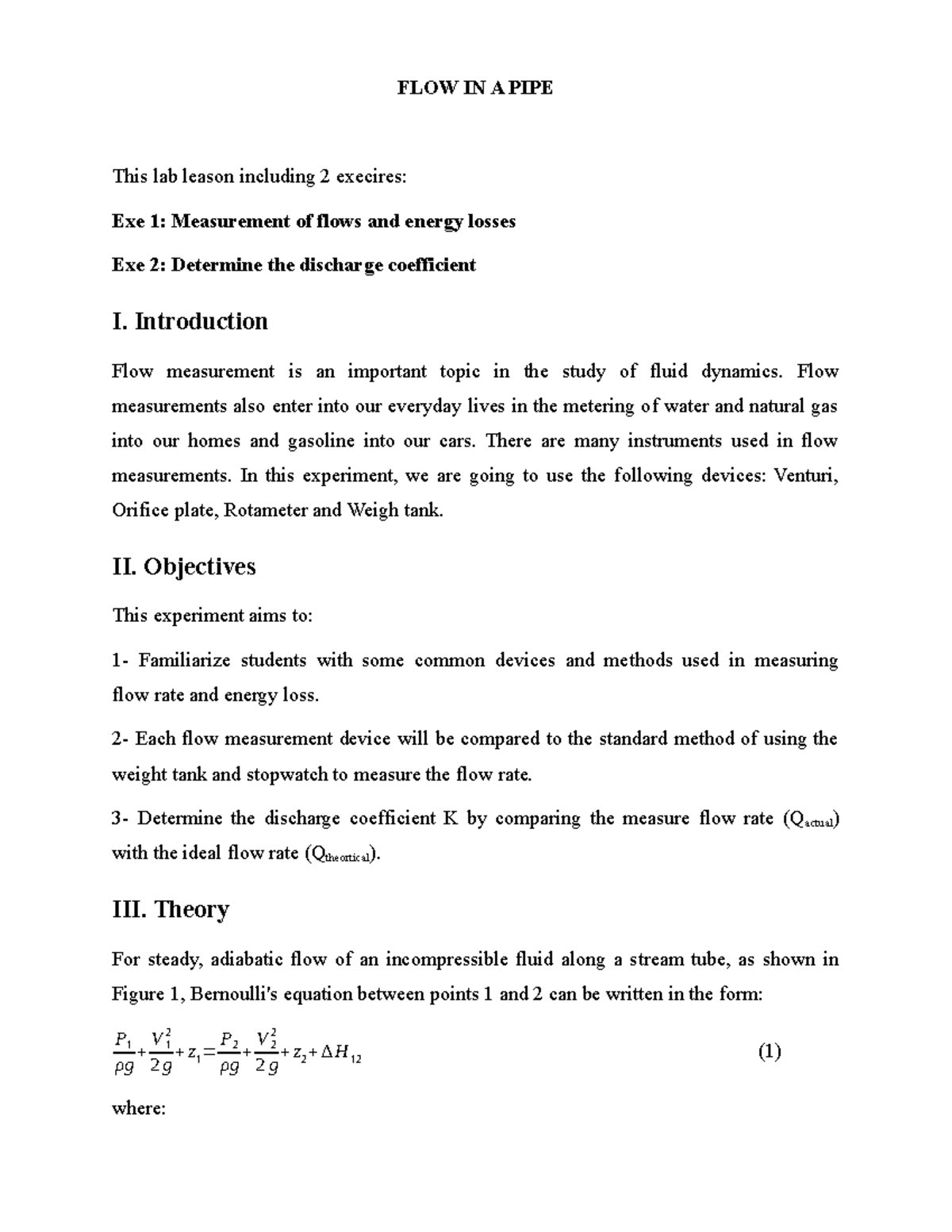 Measurements of Flow and Energy Losses in a Pipe (ENGR 101 Lab) - Studocu
