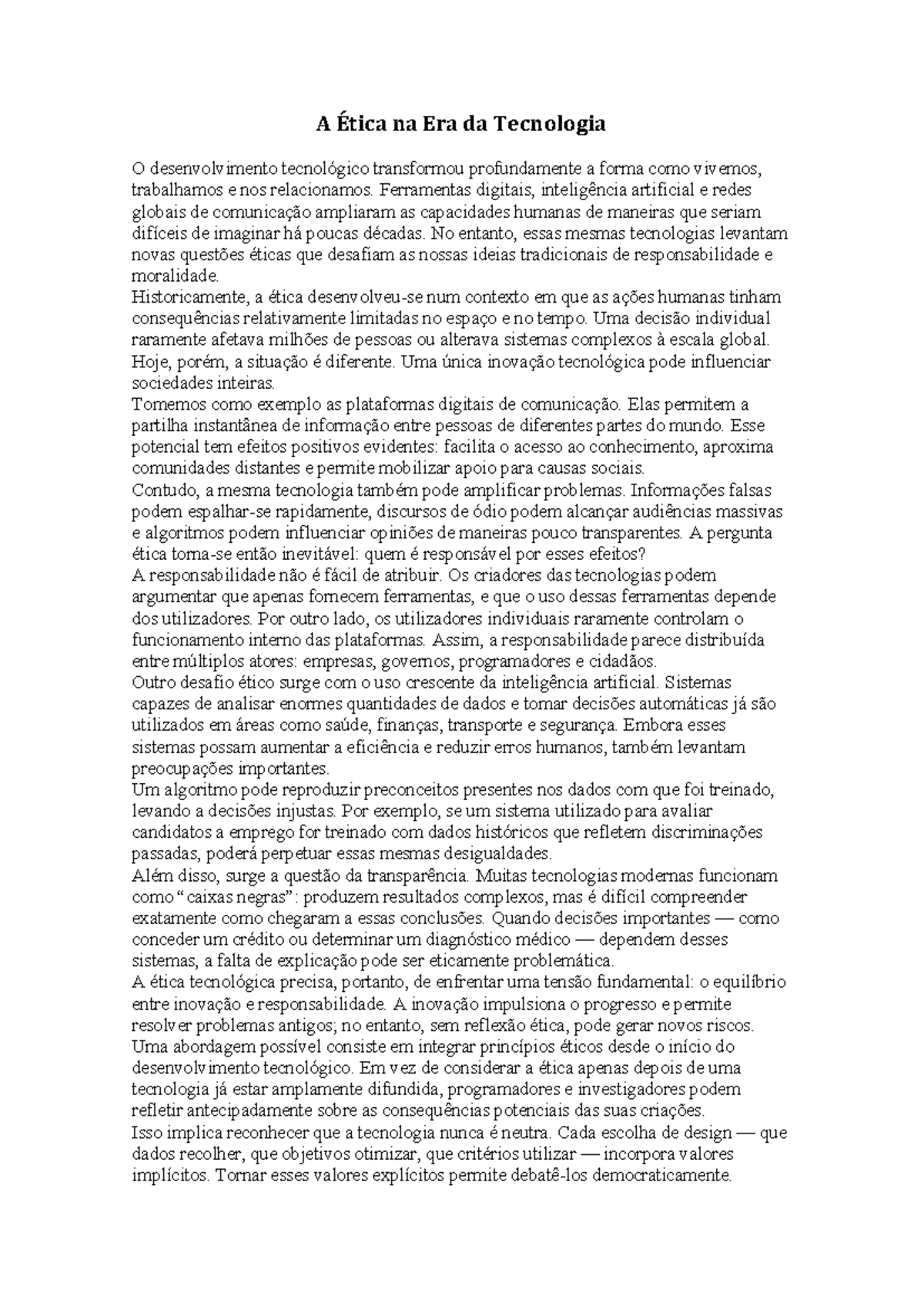 Ética e Tecnologia: Desafios e Responsabilidades na Era Digital - Studocu