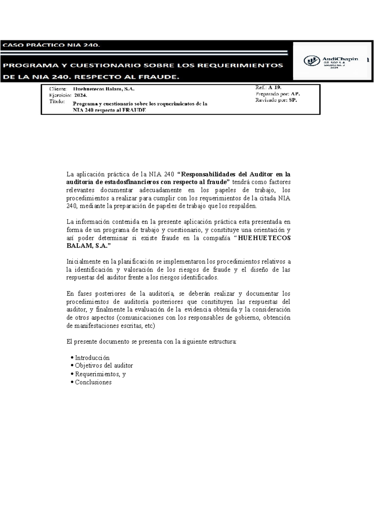 Programa y Cuestionario sobre los Requerimientos de Fraude NIA 240 ...