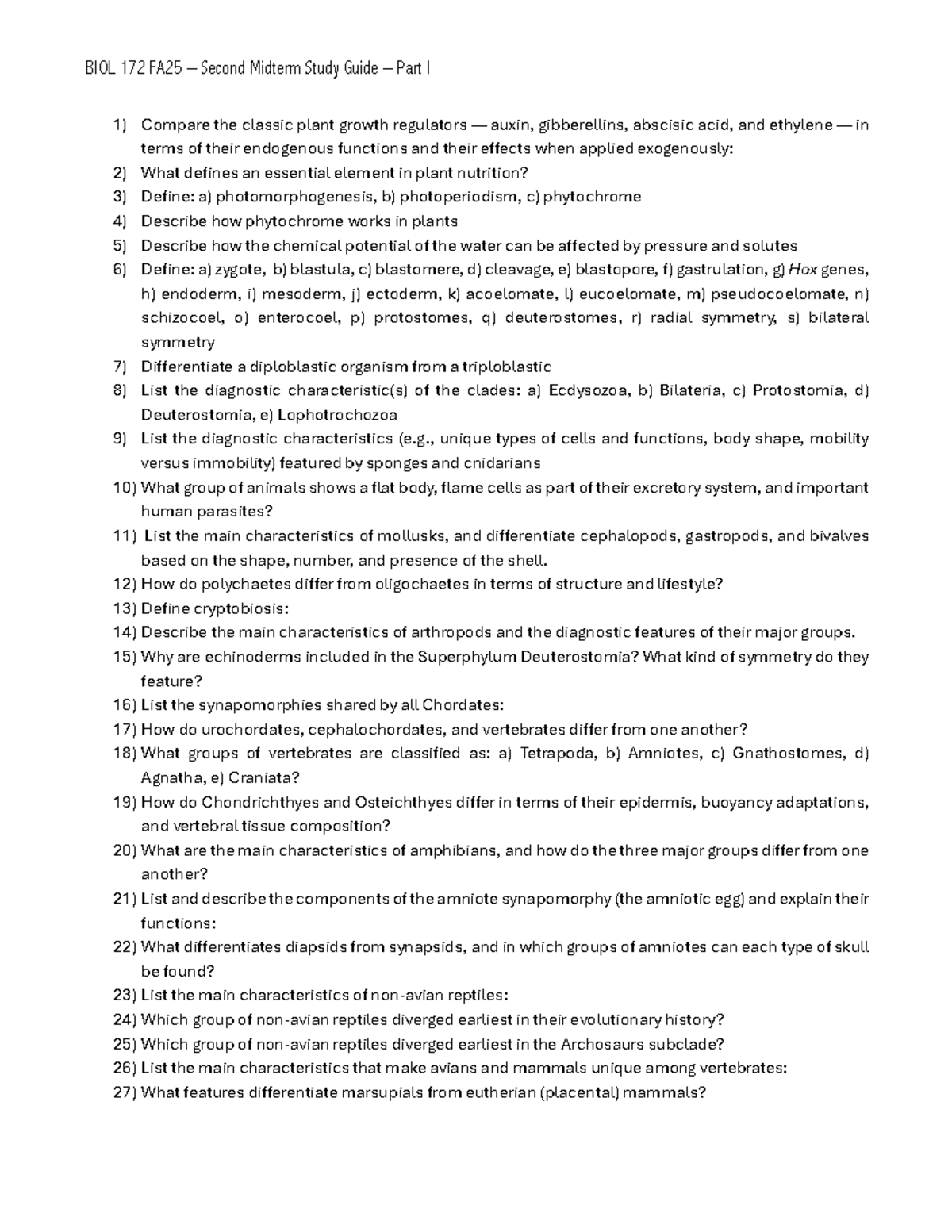 BIOL 172 FA25 Second Midterm Exam II Study Guide Part I - Studocu