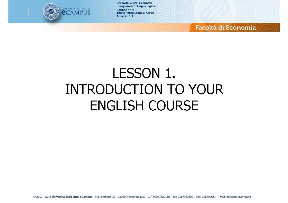 SCEC15 1805a 01: Lesson 1 - Introduction to Your English Course - Studocu