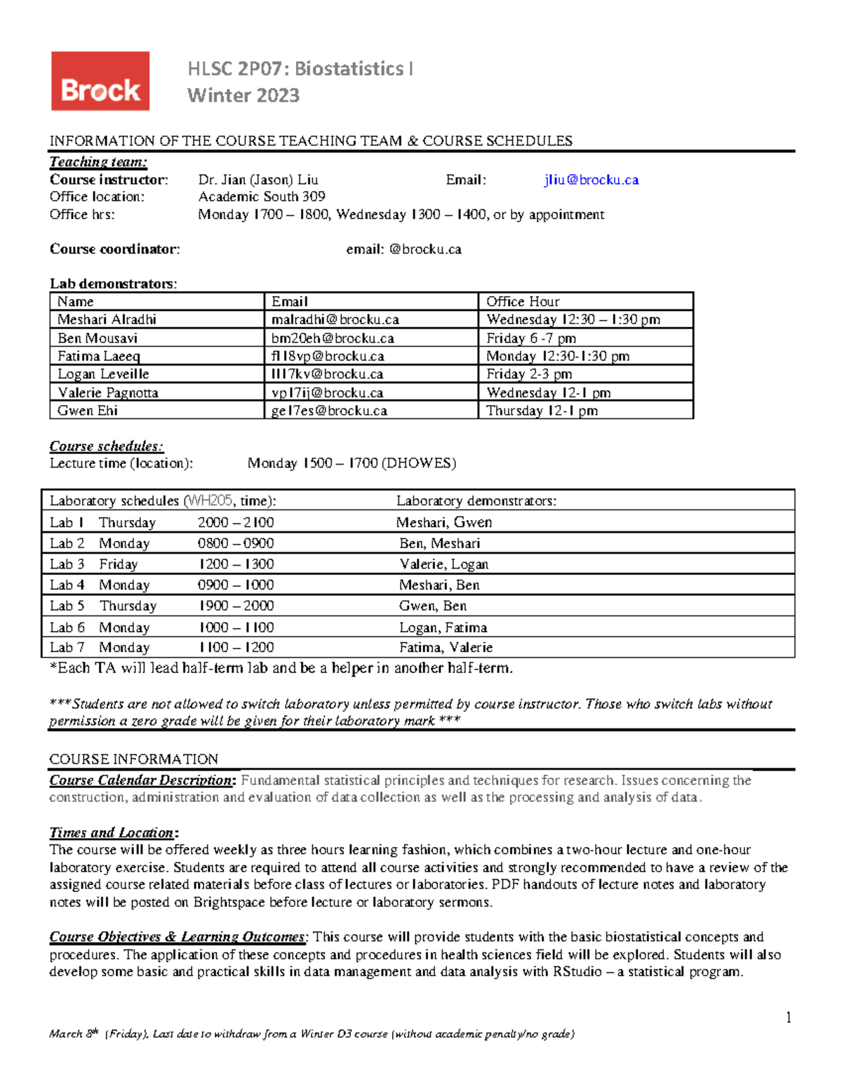 HLSC2P07 Winter 2023 Course Syllabus and Lab Schedule Overview - Studocu