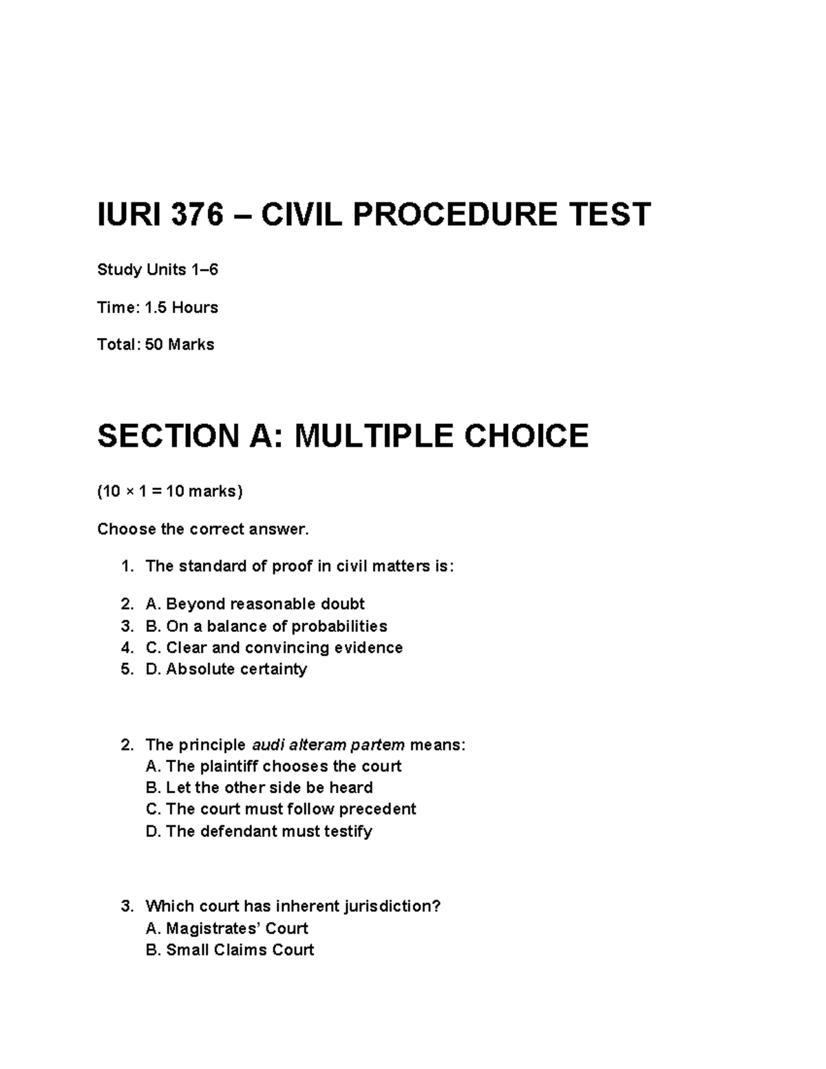 IURI 376 CIVIL PROCEDURE TEST Study Guide & Potential Exam Questions ...