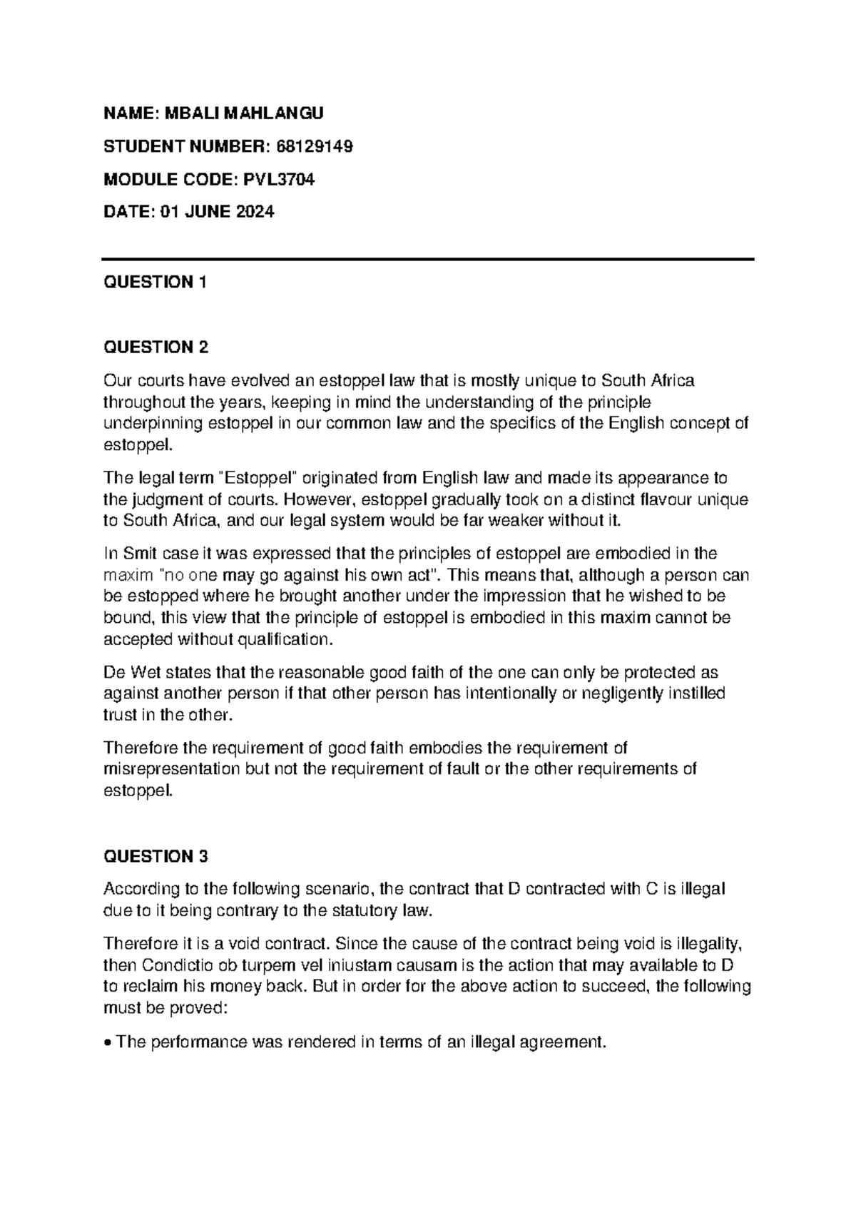 PVL3704 Exam Answers: Estoppel and Enrichment Law Insights 2024 - Studocu