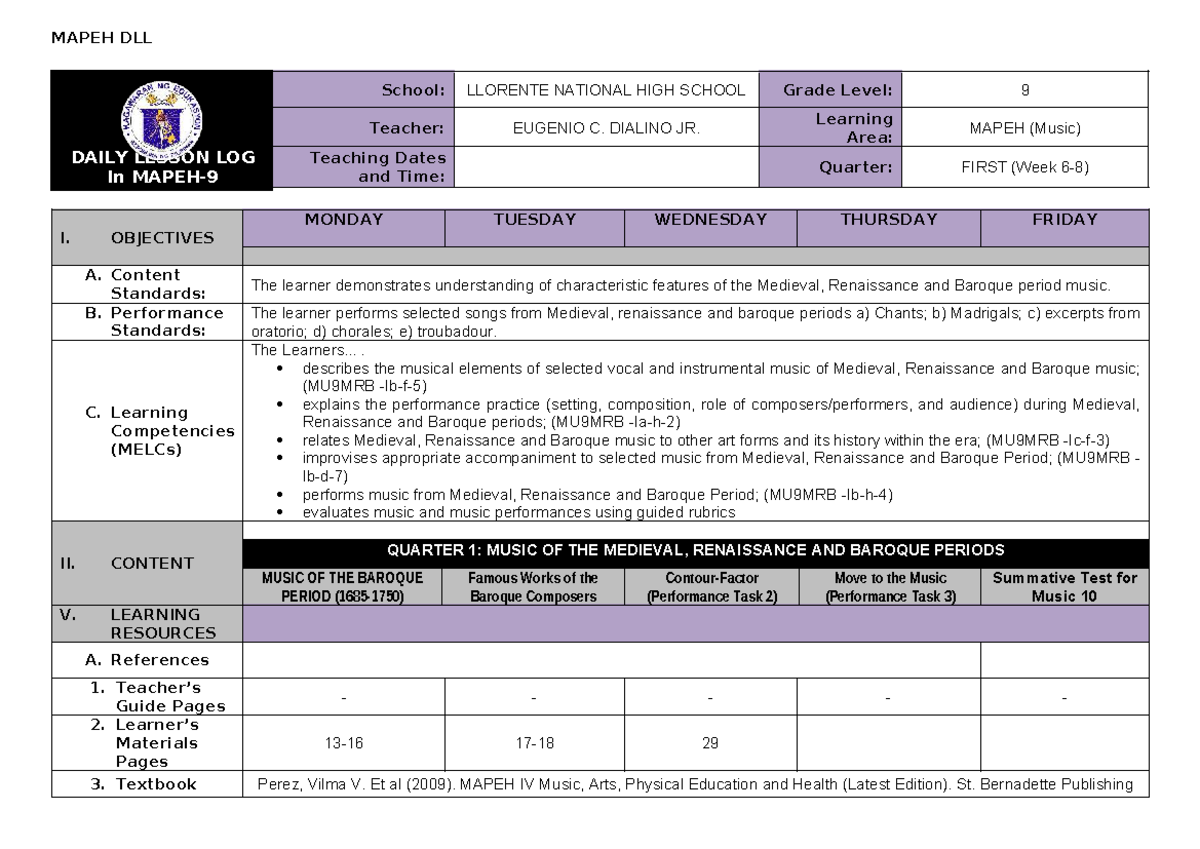 MAPEH 9 DLL: Daily Lesson Log for Music - Quarter 1 - Studocu
