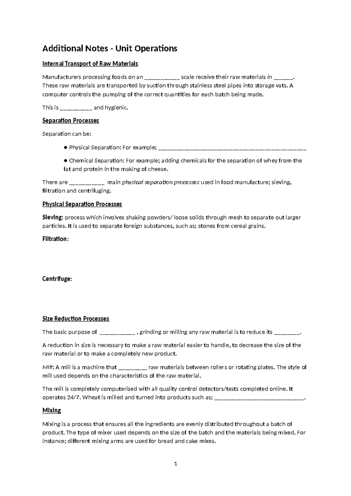 Additional Notes on Unit Operations: Transport & Processing of Raw ...