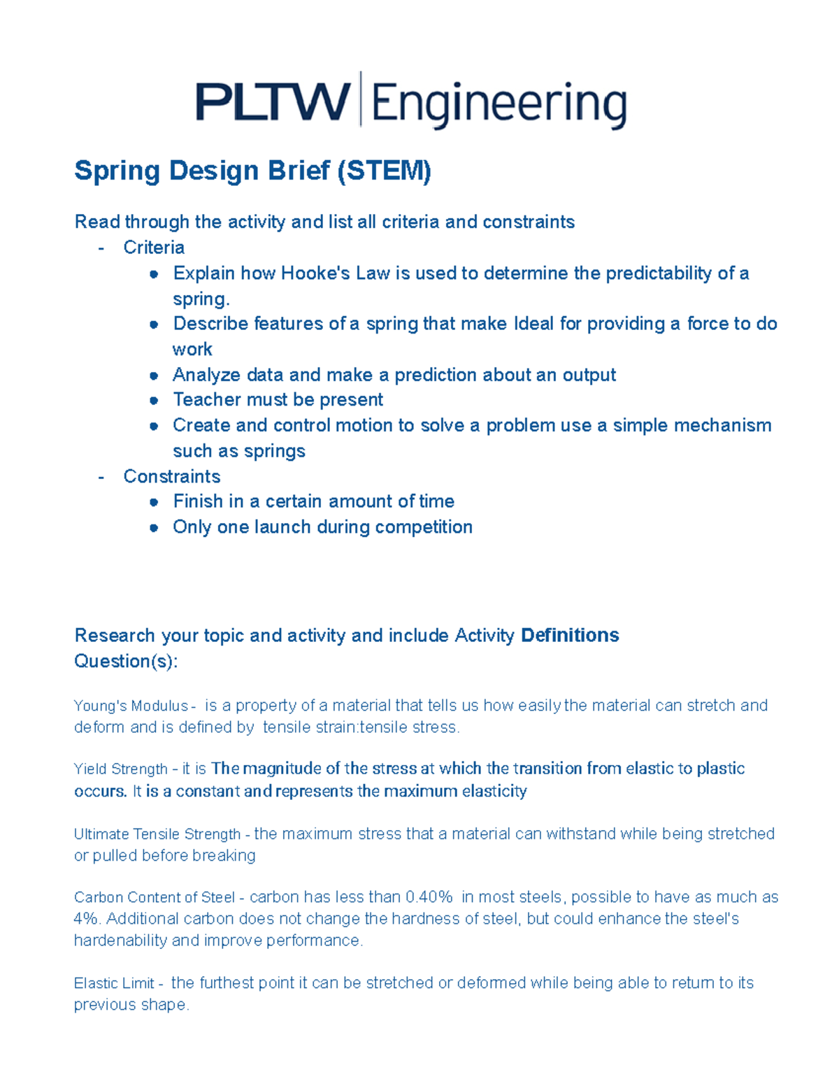 Spring Design Brief - Describe features of a spring that make Ideal for ...