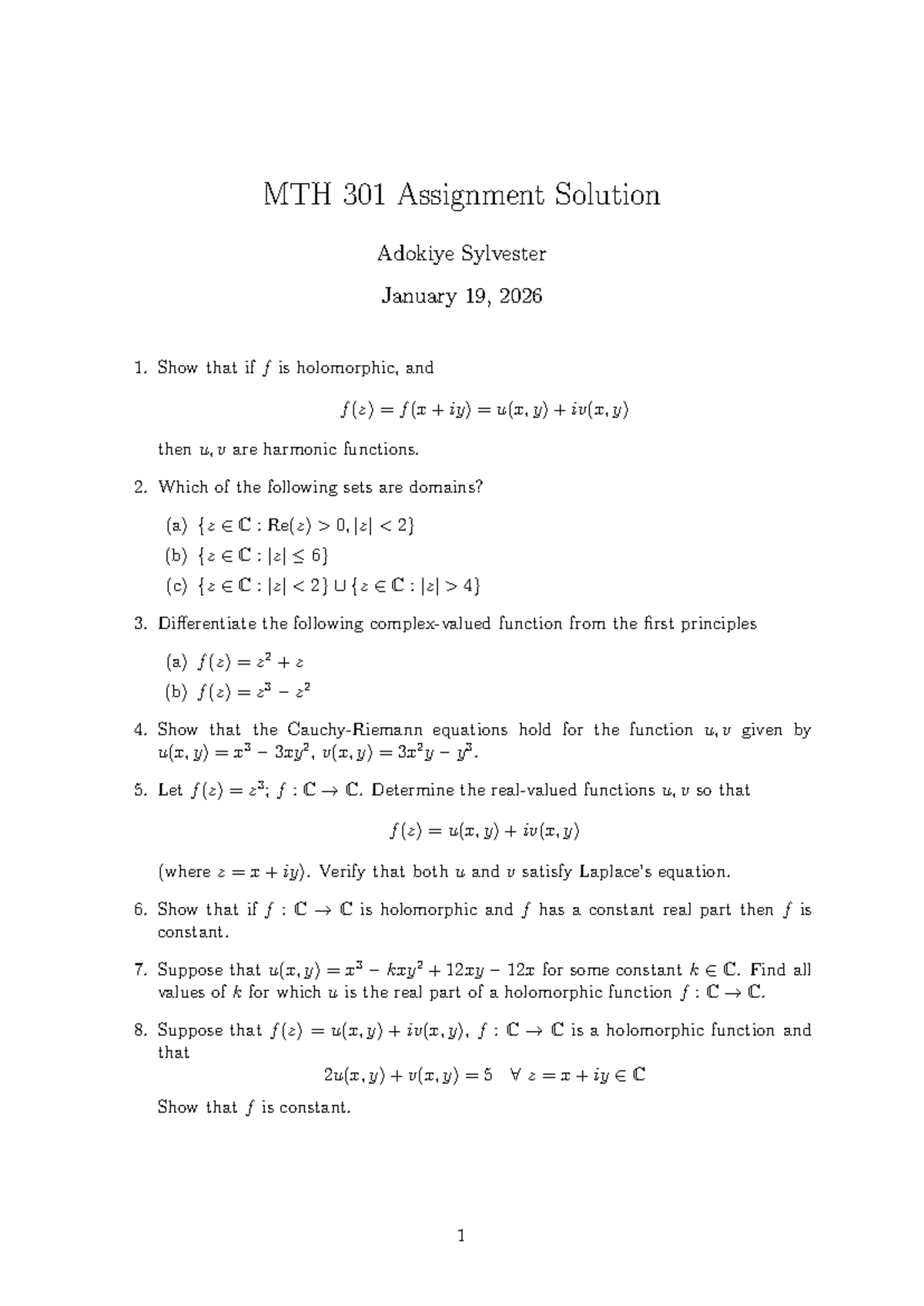 MTH 301 Assignment Solutions: Holomorphic Functions and Harmonicity ...
