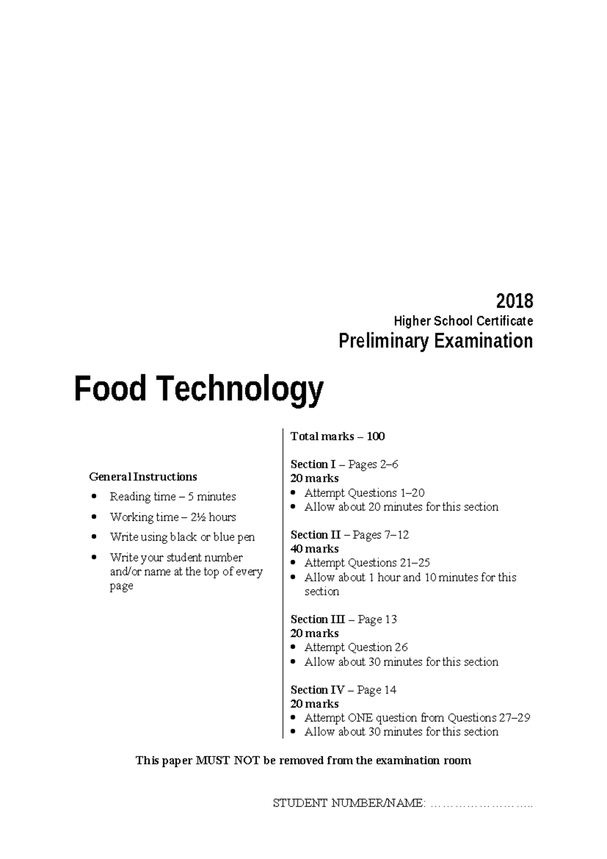 HSC 2018 Food Technology Preliminary Exam Paper - Total Marks 100 - Studocu