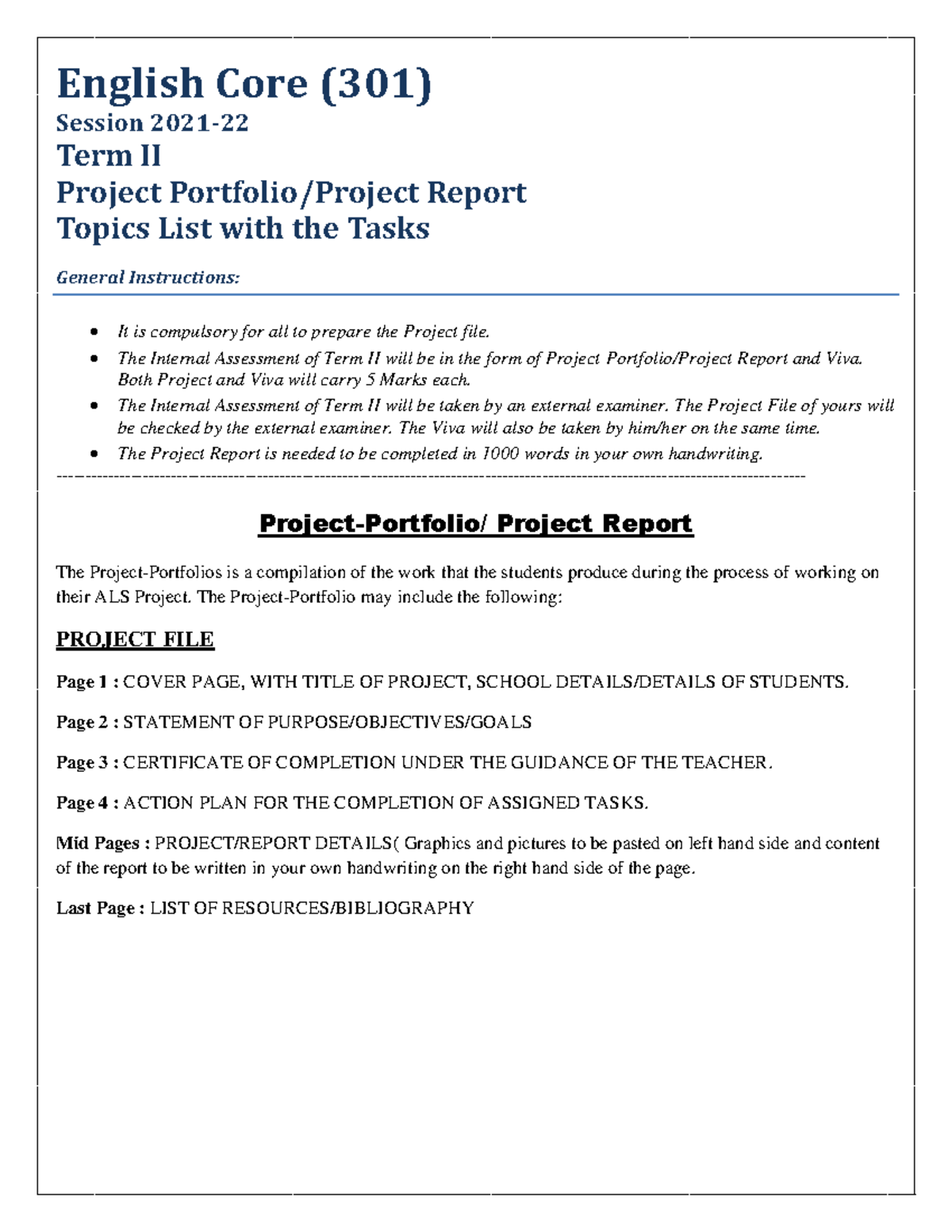 English Core (301) - Project Portfolio/Report Guide for 2021-22 - Studocu