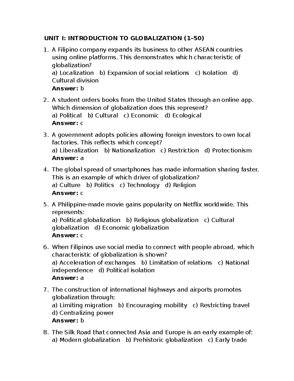 UNIT I & II: MULTIPLE CHOICE REVIEWER ON GLOBALIZATION - Studocu