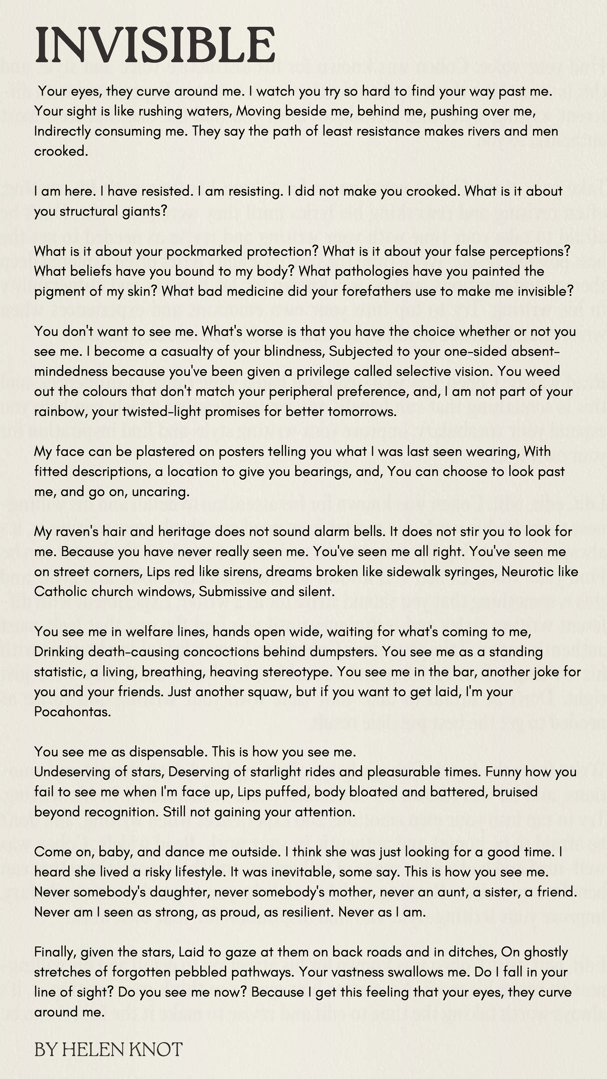 Invisible - Poem Analysis by Helen Knot - Studocu