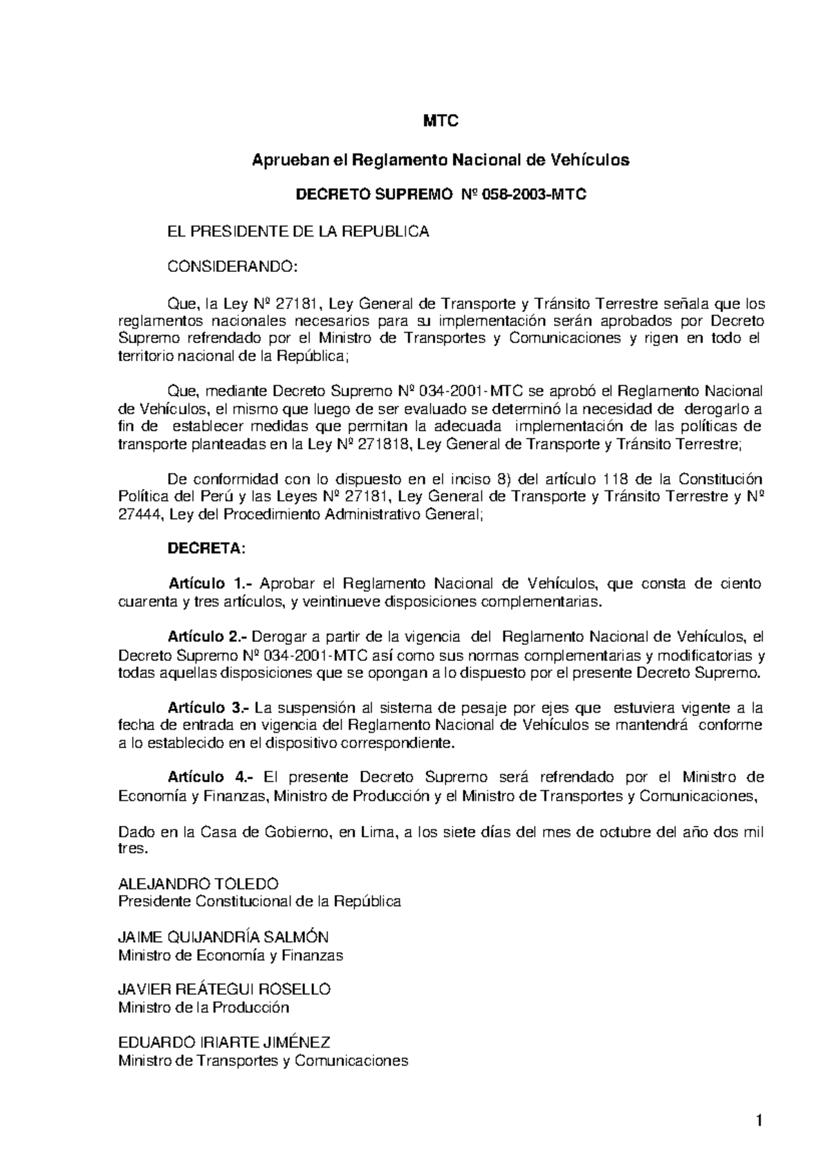 Reglamento Nacional de Vehículos - Actualización 2023 MTC - Document Preview